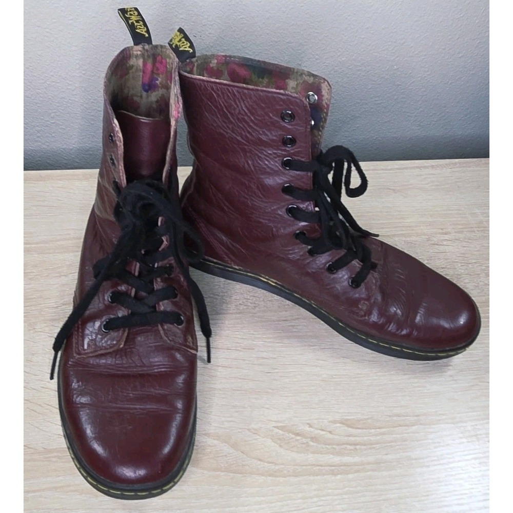 Dr. Martens Stratford 8 Eye Boots Burgundy‎ Leather Floral Lined Women's 8